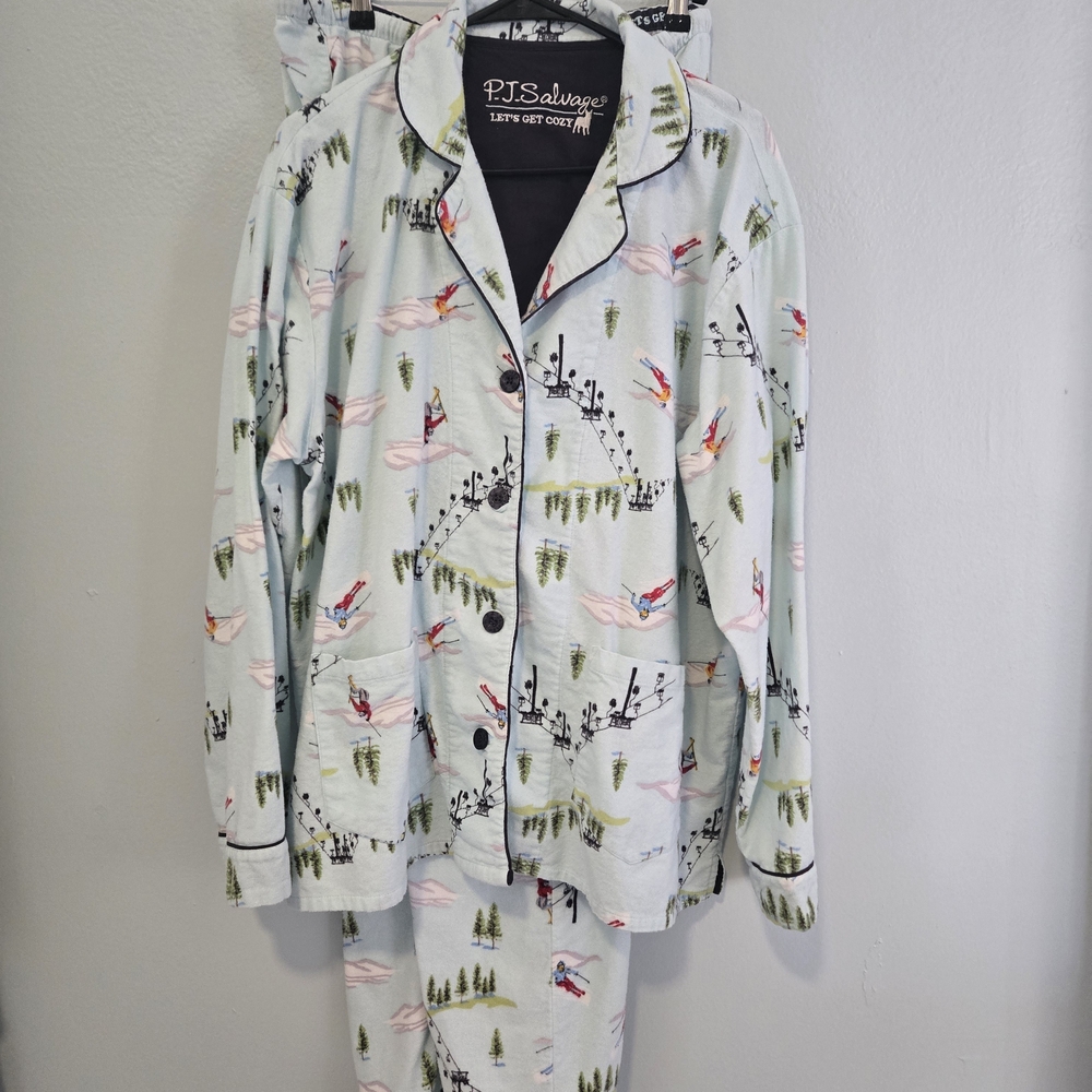 PJ Salvage Womens Pajama Set - Light Blue with Ski Print